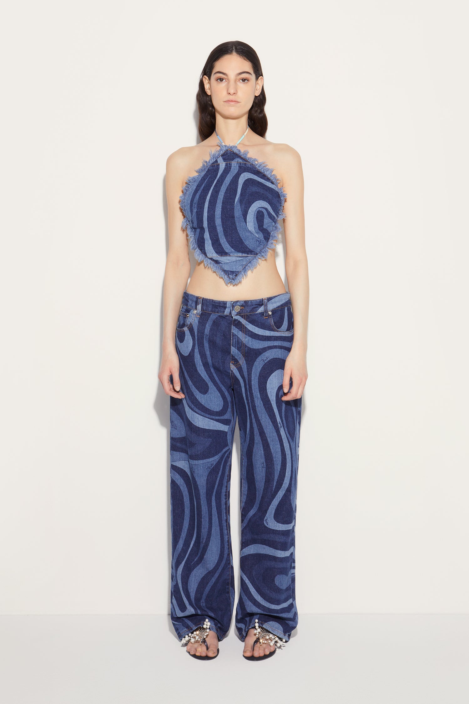 Marmo-Print Denim Halterneck Top View 2 - Pucci