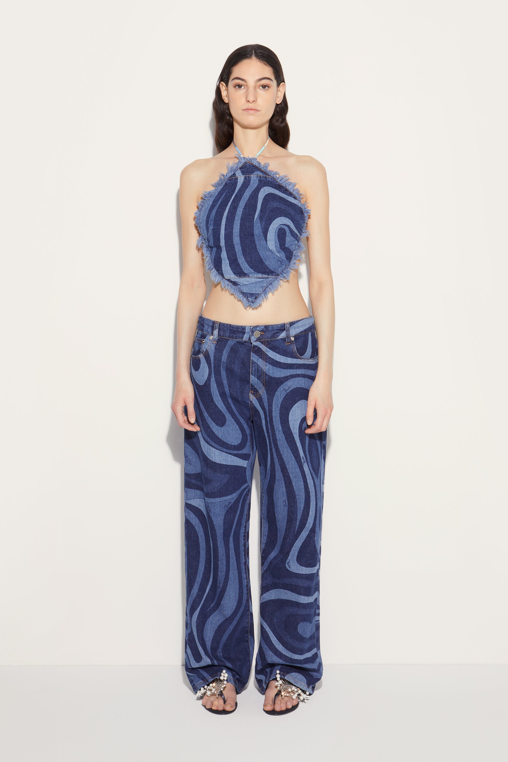 Marmo-Print Denim Halterneck Top View 2 - Pucci