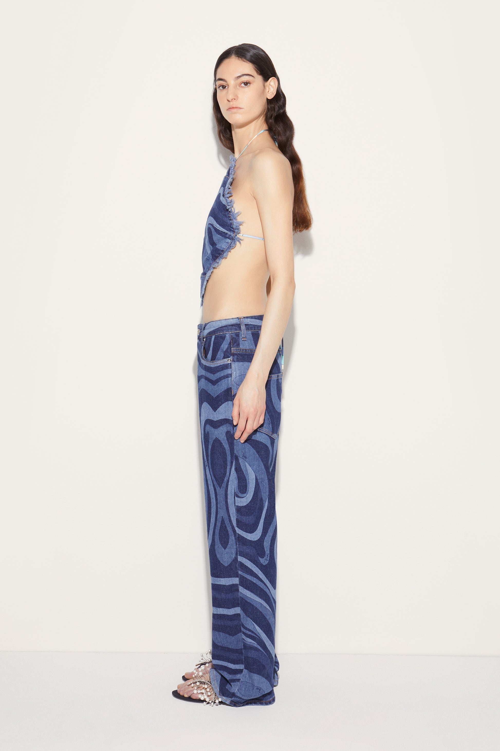 Marmo-Print Denim Halterneck Top View 3 - Pucci