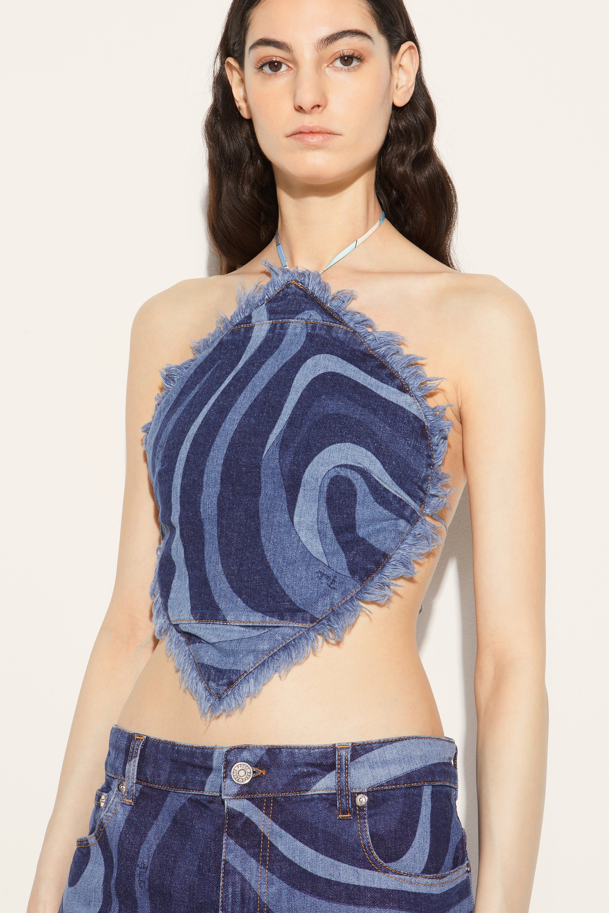 Marmo-Print Denim Halterneck Top View 5 - Pucci