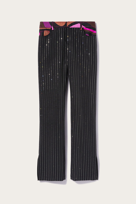 Pantaloni gessati con cristalli