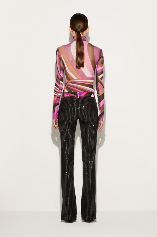 Pantaloni gessati con cristalli