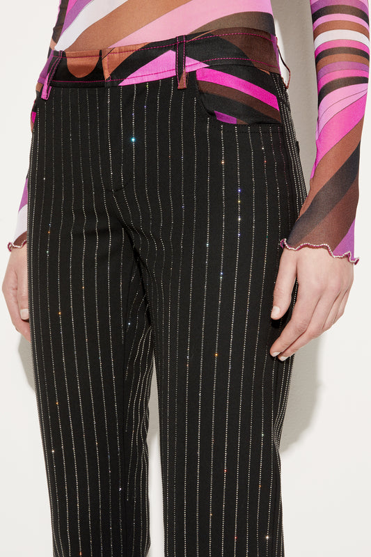 Pantaloni gessati con cristalli
