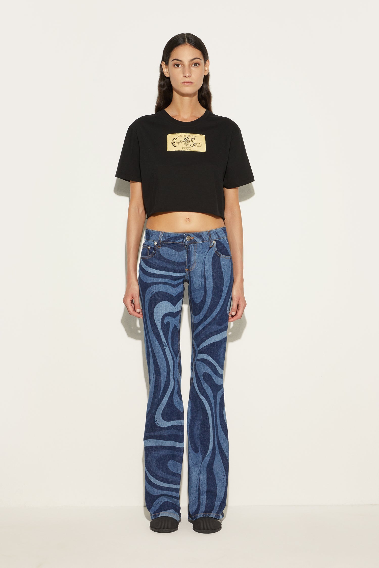 Pantaloni Denim in Stampa Marmo