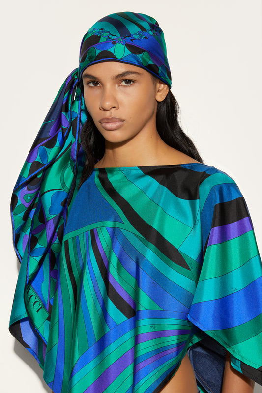 Foulard a Triangolo in Seta in Stampa Marmo E Orchidee