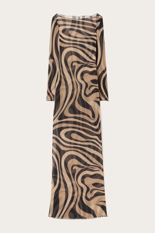 Abito Lungo in Tulle con Stampa Marmo
