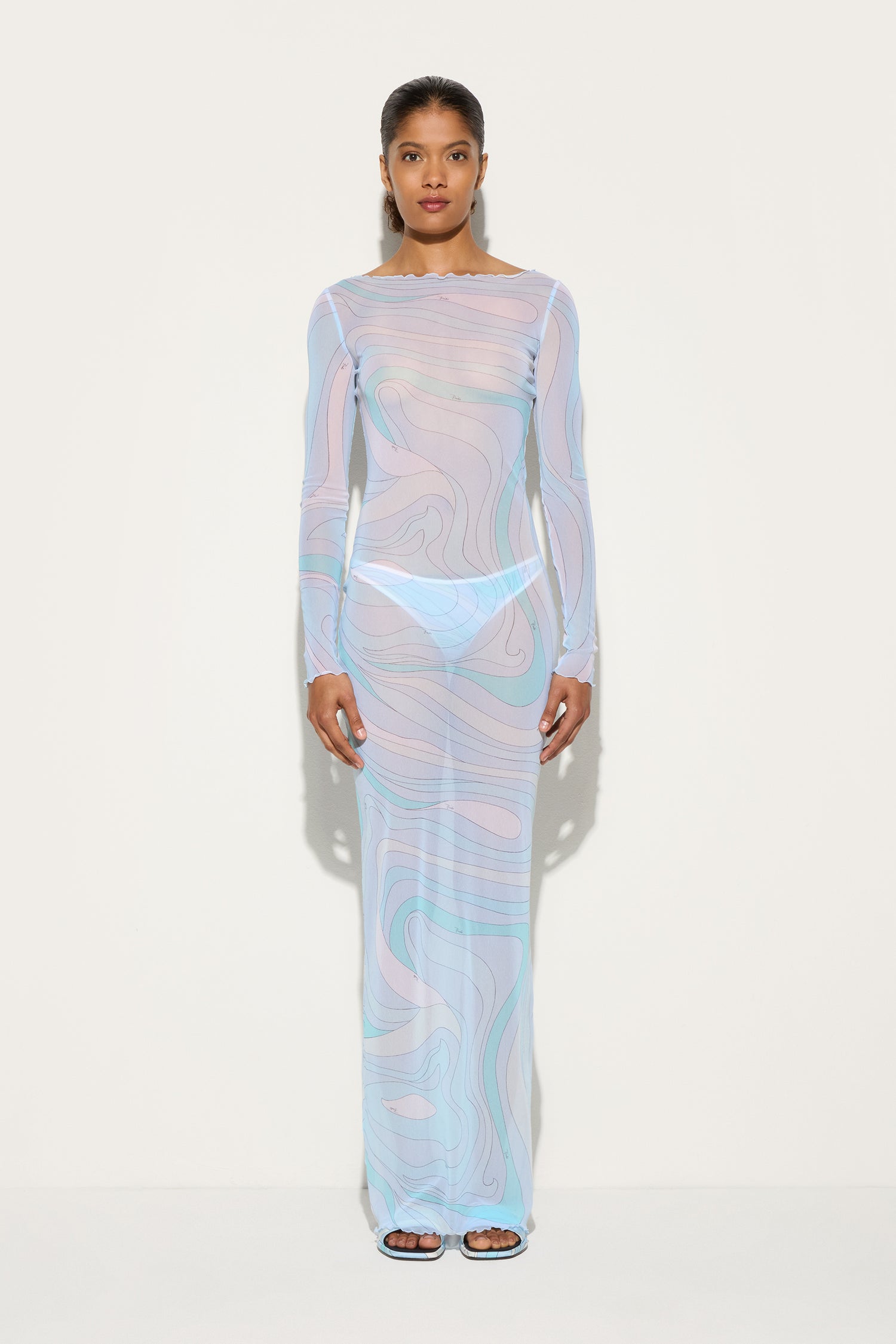 Abito Lungo in Tulle in Stampa Marmo