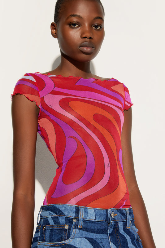 Top in Tulle con Stampa Marmo