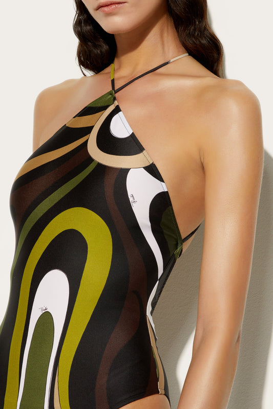 Costume Intero con Spalline Incrociate in Stampa Marmo
