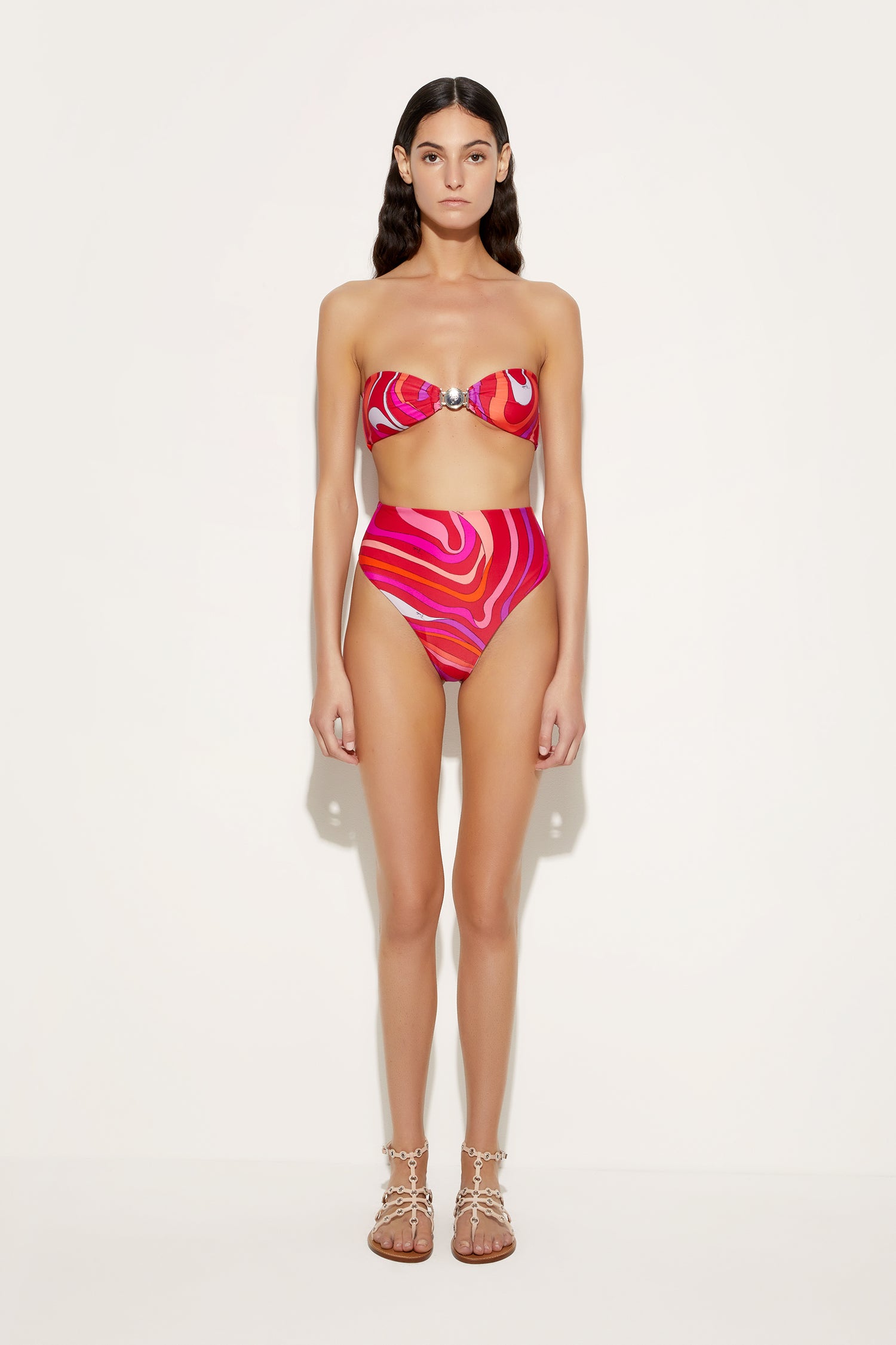 Slip Bikini a Vita Alta in Stampa Marmo