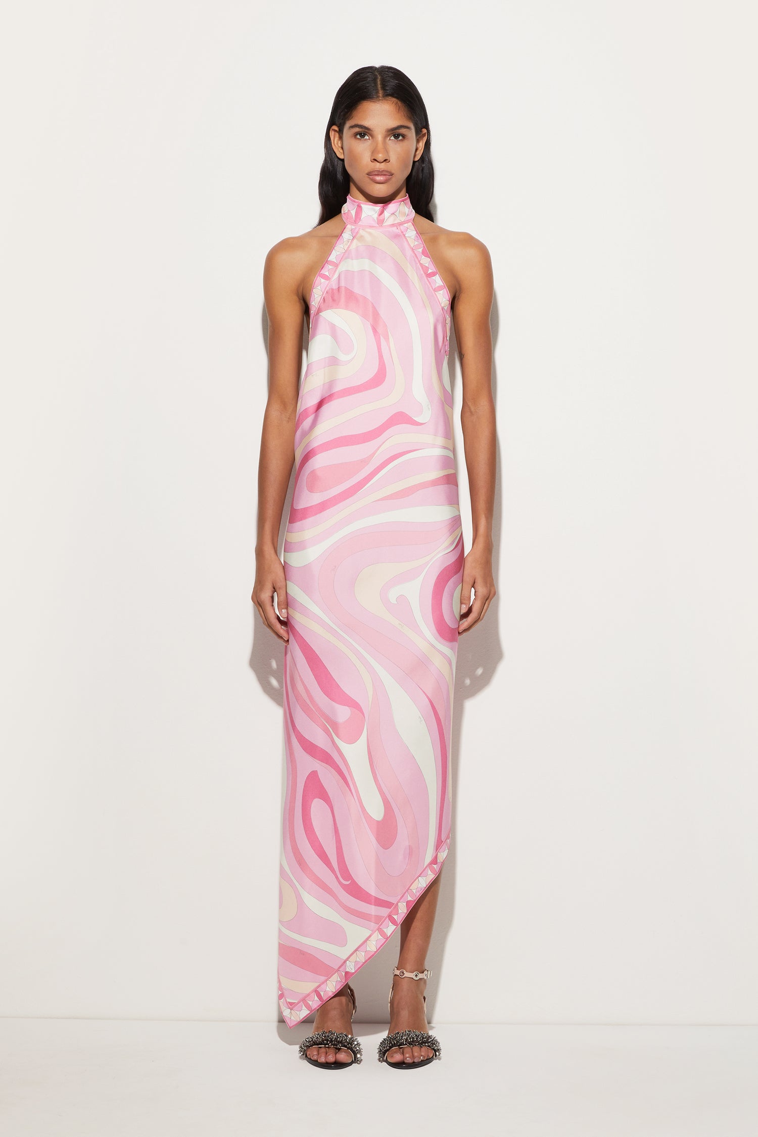 Marmo Print Silk Twill Asymmetrical Dress