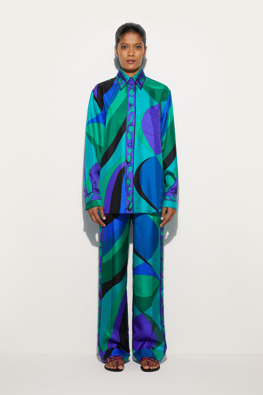 Camicia Oversize in Seta in Stampa Pesci