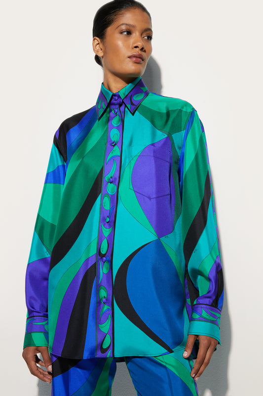 Camicia Oversize in Seta in Stampa Pesci