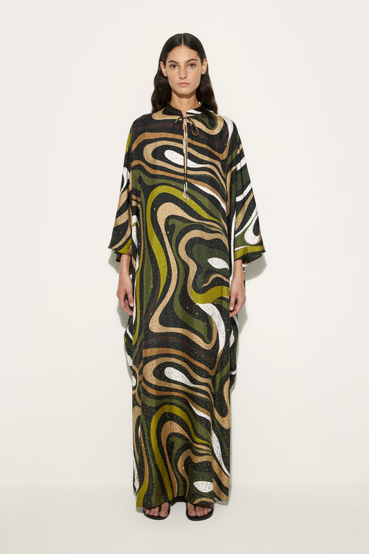 Caftano Loose Fit con Strass in Stampa Marmo