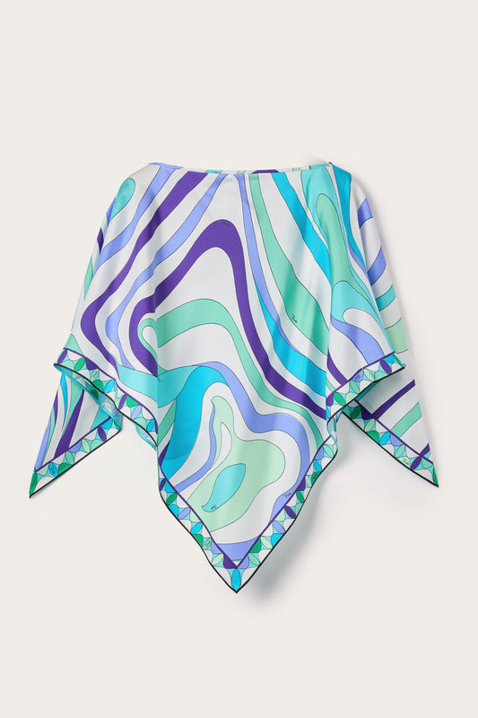 Blusa Mantella in Twill di Seta con Stampa Marmo